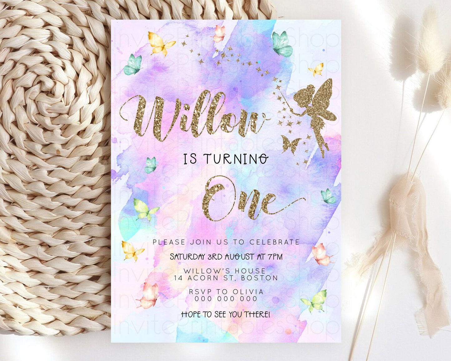 Pastel Fairy Birthday Invitation Pastel Butterflies Fairy Birthday Invitation Rainbow Ombre Watercolor 1st 2nd Birthday Invitation D23346