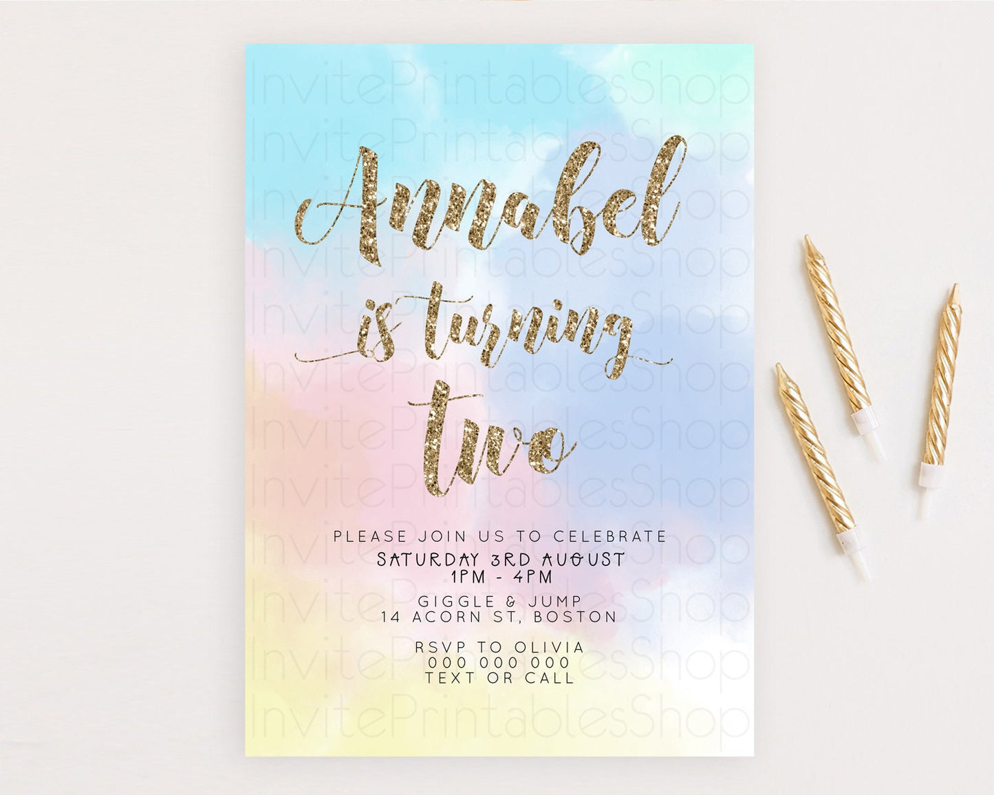 Rainbow Birthday Invitation Colorful Pastel Watercolor Invitation Gold Glitter Sprinkles Ombre Pastel 1st 2nd 3rd Birthday D10378