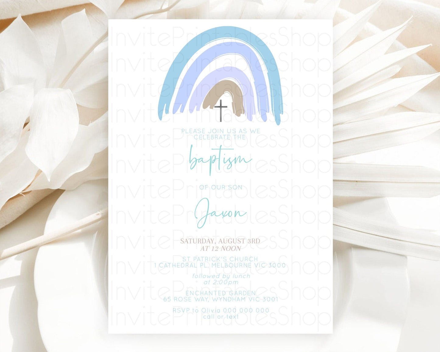 Pastel Rainbow Baptism Invitation Boho Rainbow Baptism 1st Birthday Invitation Rainbow Pastel Watercolor Christening Invitation D10352