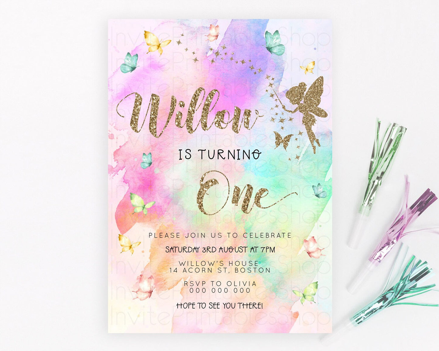 Pastel Fairy Birthday Invitation Pastel Butterflies Fairy Birthday Invitation Rainbow Ombre Watercolor 1st 2nd Birthday Invitation D23337