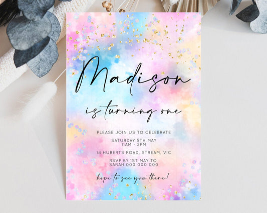 Rainbow Birthday Invitation Pastel Birthday Invite Ombre Rainbow Invite Colorful Watercolor Invite Glitter Clouds Invite 1st 2nd 3rd 589v4