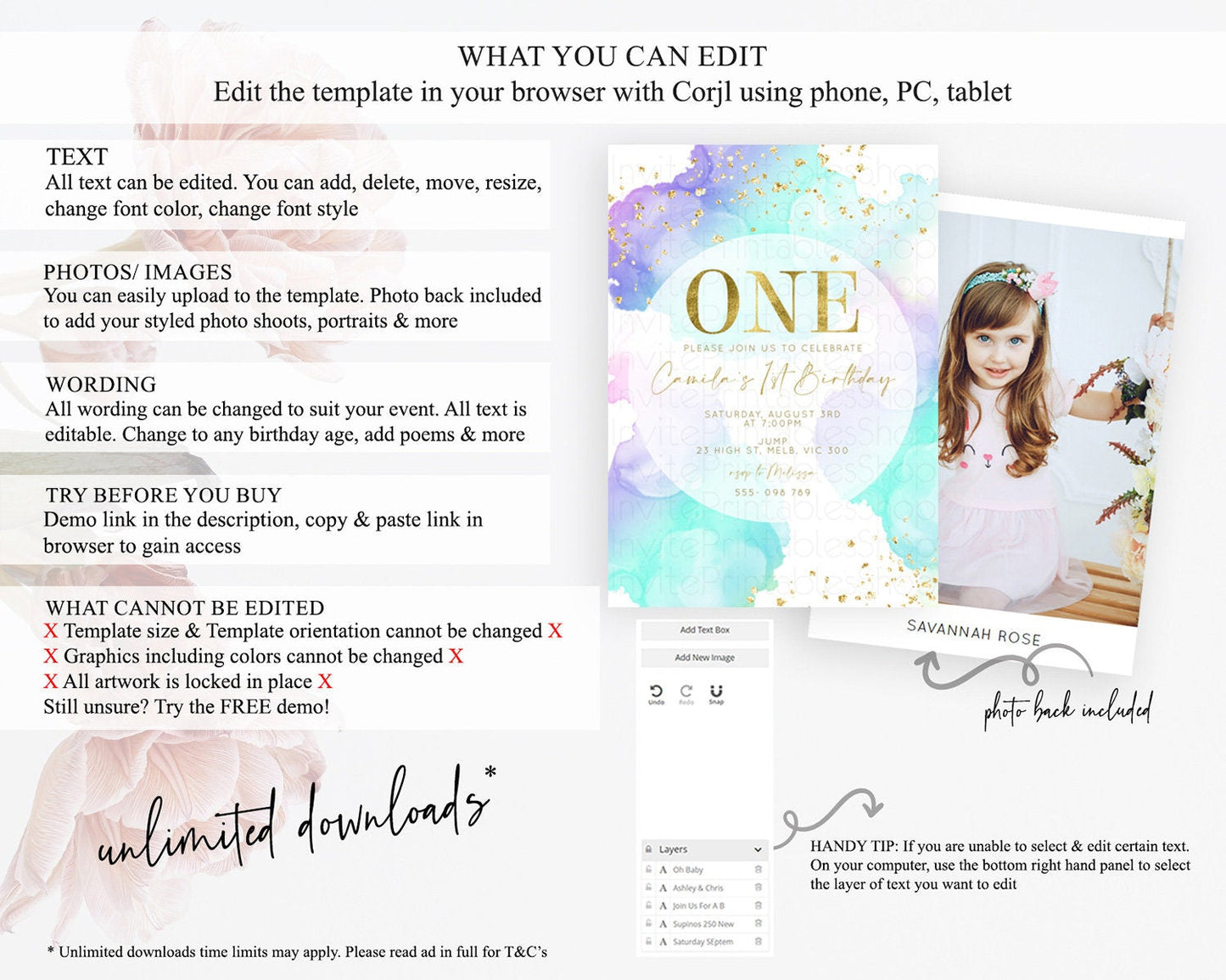Rainbow Birthday Invitation Colorful Pastel Watercolor Invitation Gold Glitter Sprinkles Ombre Pastel 1st 2nd 3rd Birthday D10212
