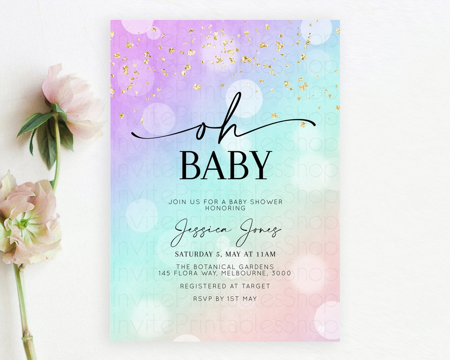 Pastel Baby Shower Invitation Rainbow Baby Shower Invitation Colorful Pastel Watercolor Invitation Gold Glitter Sprinkles Ombre D10618