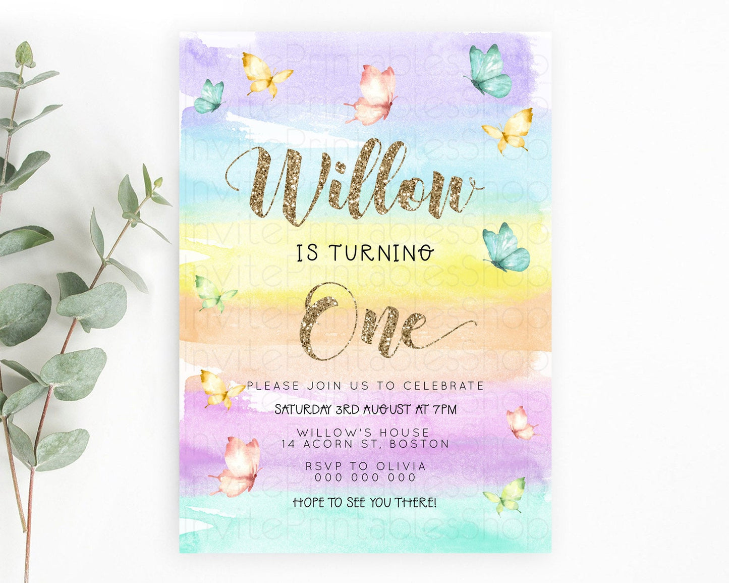 Pastel Butterfly Birthday Invitation Butterfly Birthday Invitation Colorful Splash Glitter Butterfly Garden 1st 2nd Birthday D23221