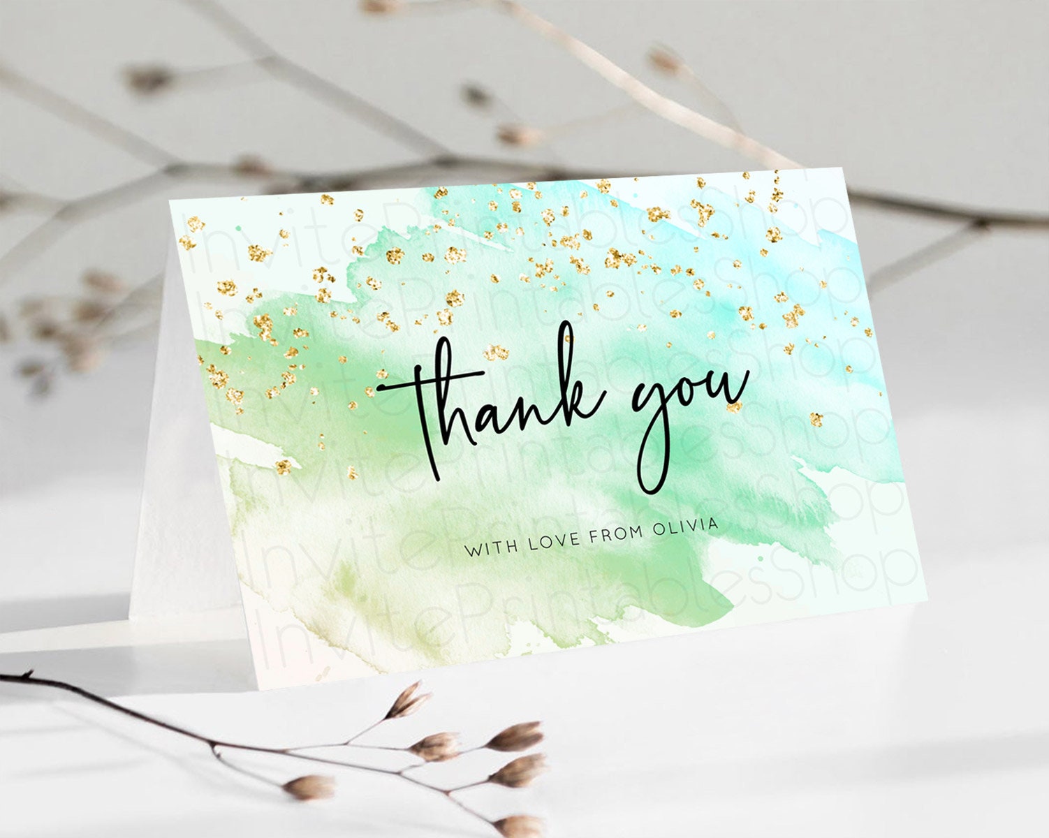 Editable Green Thank You Green Watercolor Thank You Card Pastel Green Card T