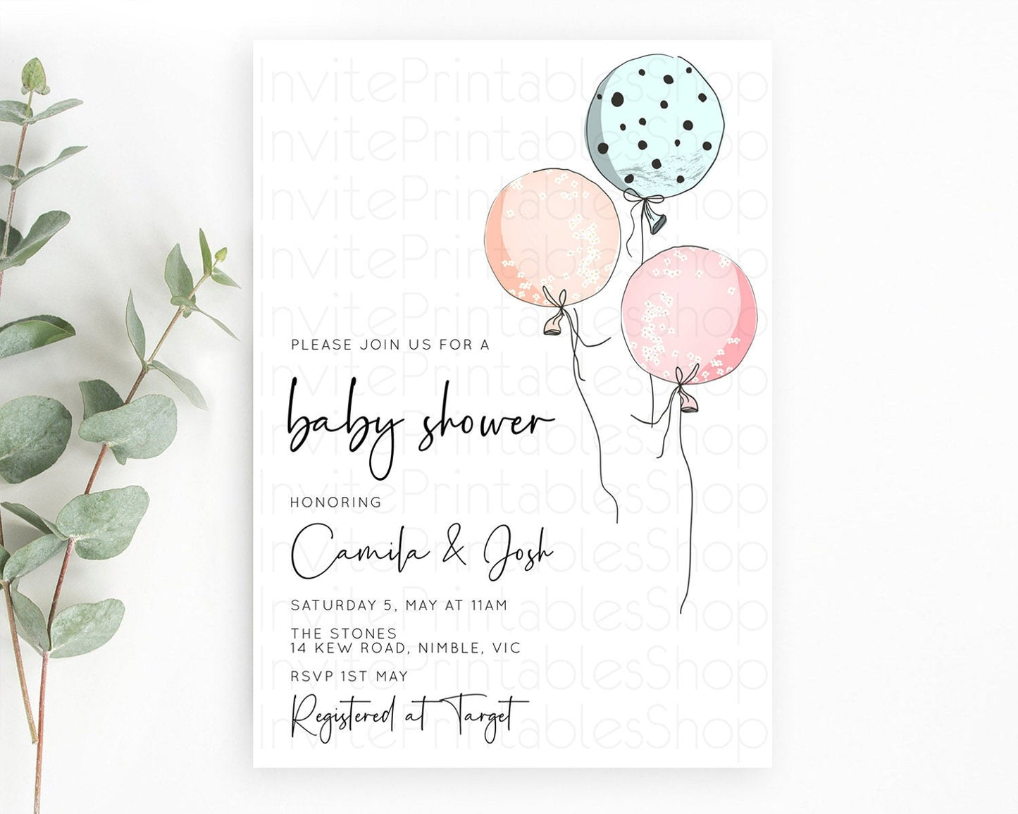 Modern Pastel Balloon Baby Shower Invitation Soft Pastels with Colorful Pink, Blue Rainbow Theme for a Cute Gender Reveal Celebration D10868