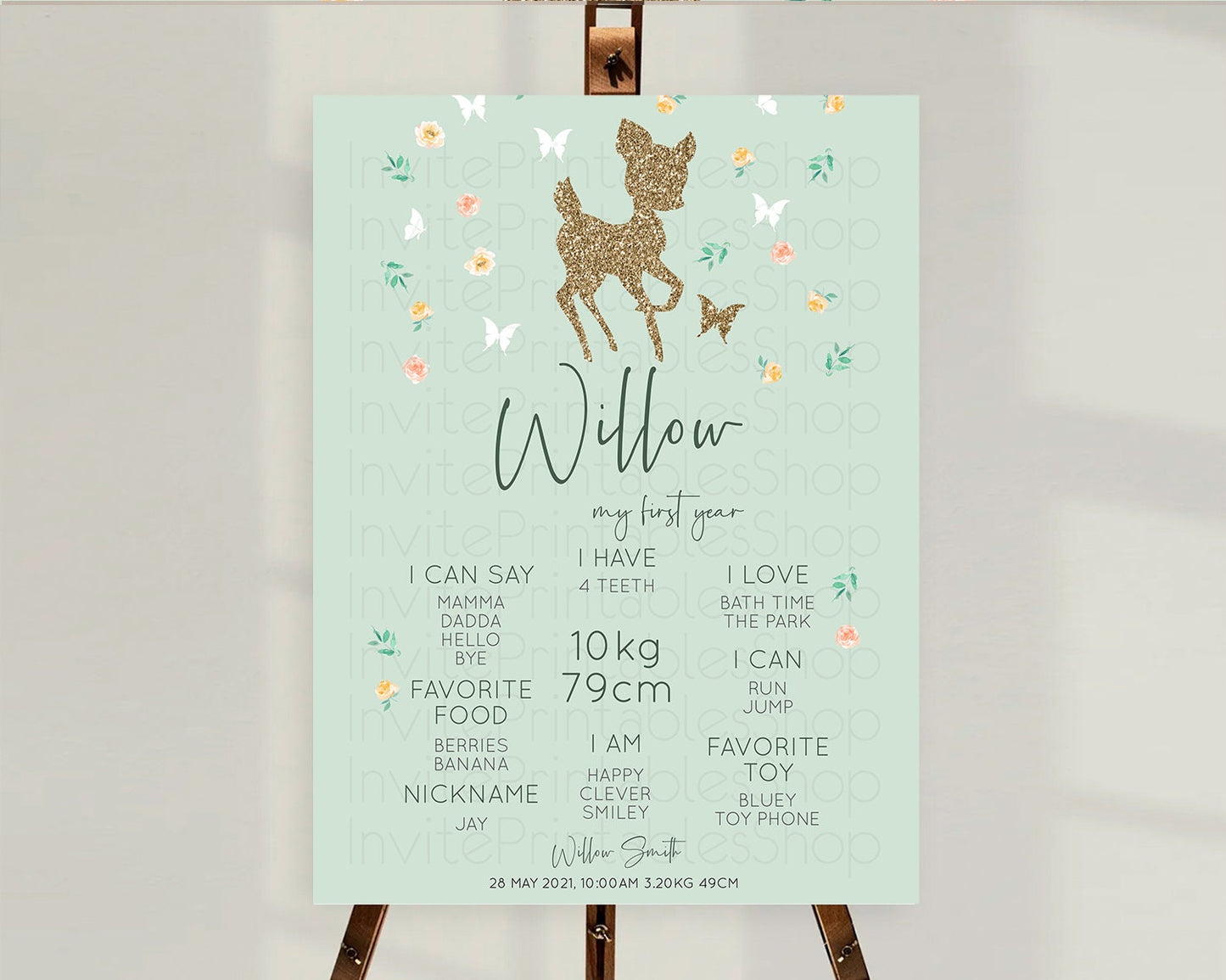 Fawn First Birthday Milestone Board Deer First Birthday Milestone Poster Enchanted Forest Butterfly Pastel Flowers 1st Birthday Sign D10385