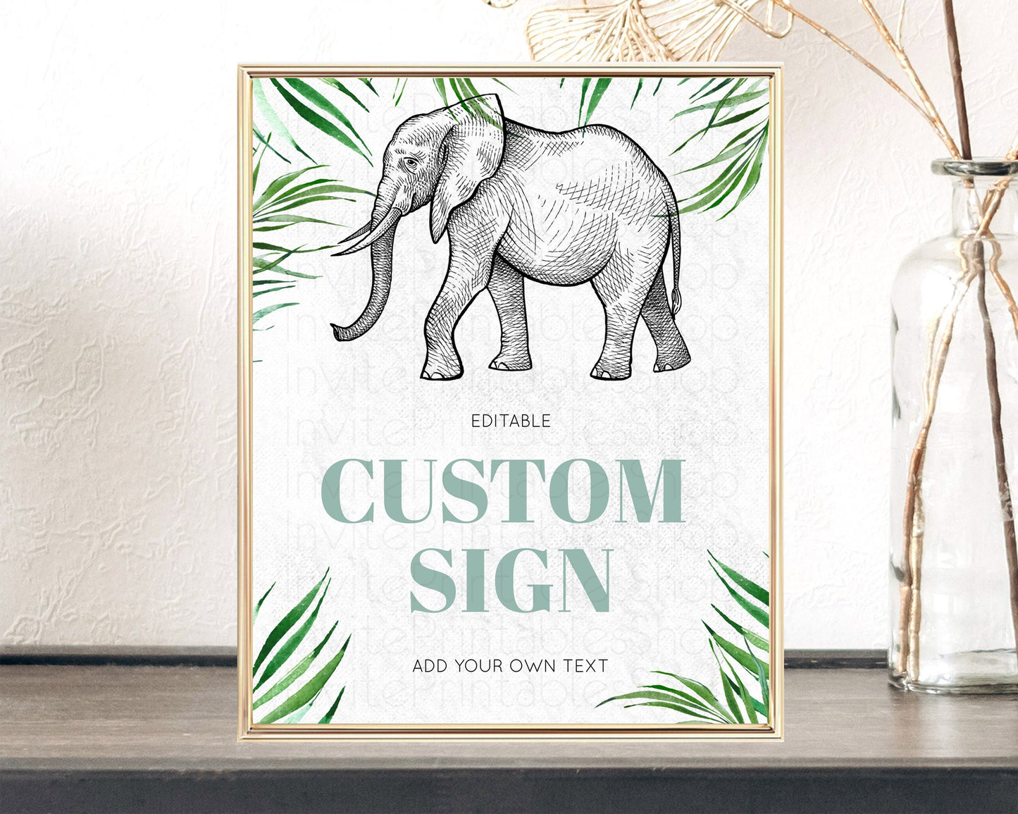 Elephant Sign Elephant Safari Adventure Party Table Sign Decor Dried Palm Fern Zoo 1st Birthday Baptism Baby Shower Bridal Shower D10850