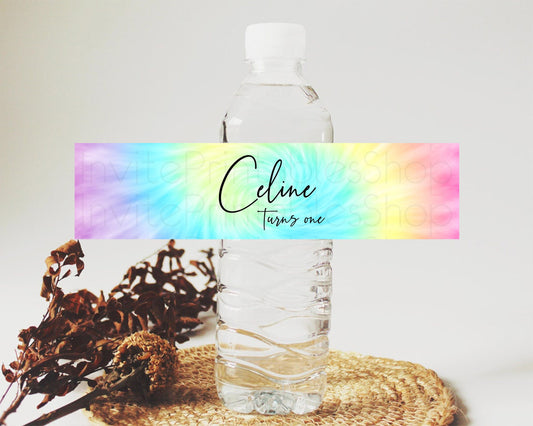 Editable Tie Dye Water Label Template Rainbow Pastel Ombre Watercolor Party
