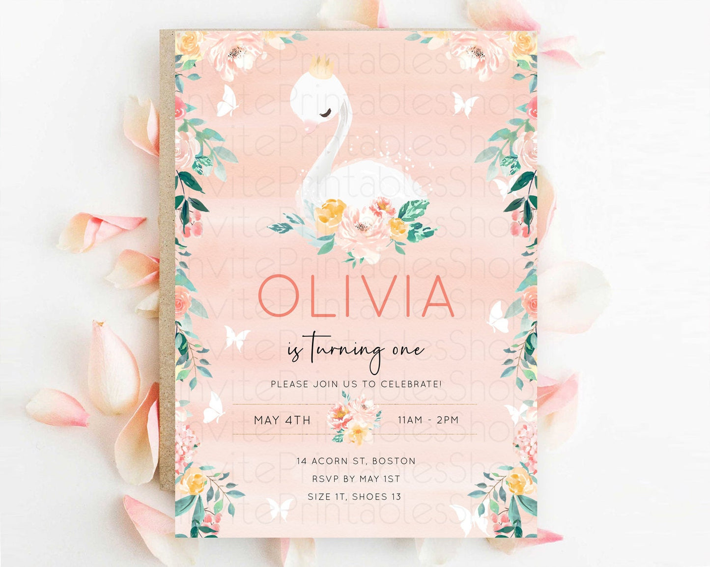 Swan Birthday Invitation Swan Princess Ballet Invitation Enchanted Forest Swan Lake Party Secret Garden Watercolour Pastel Floral D10884