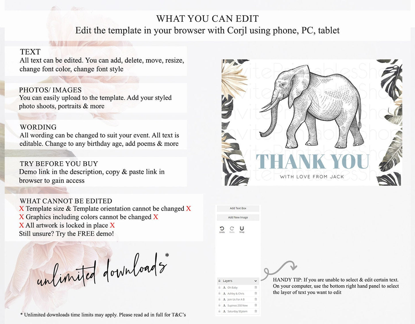 Pastel Elephant Thank You Rainbow Elephant Thank You Card Colorful Rainbow Birthday Thank You Pastel Teacher Thank You Card Template D10806