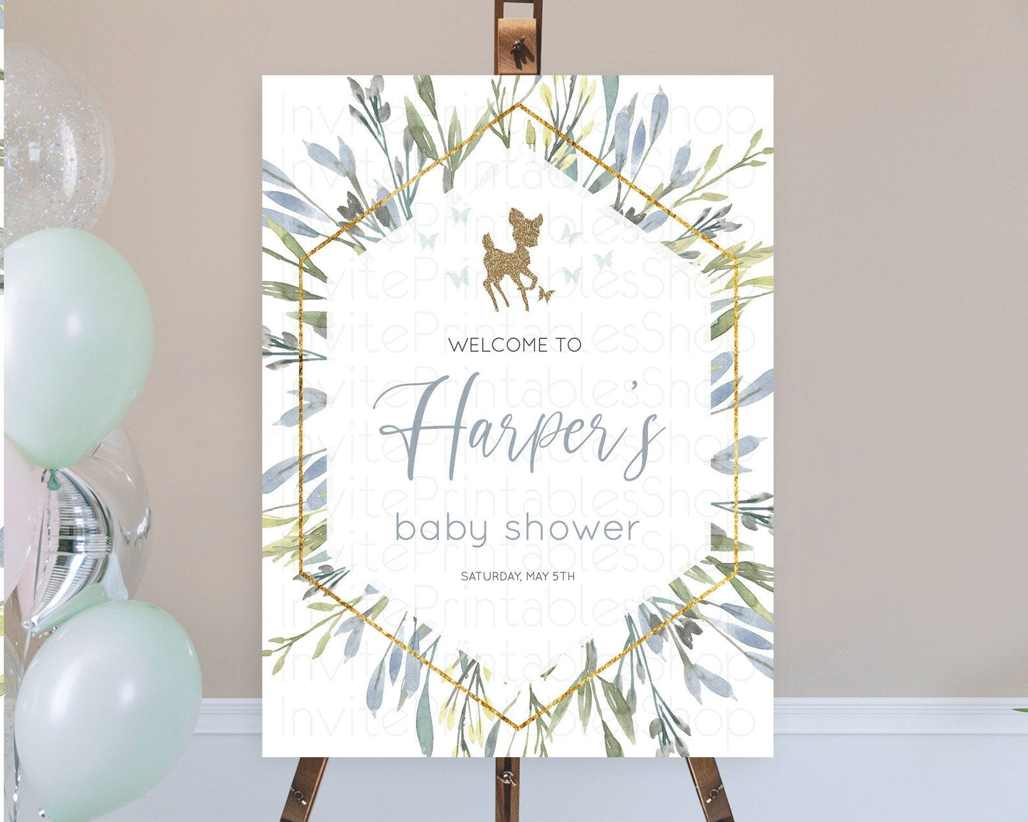 Fawn Baby Shower Welcome Sign Deer Welcome Board Floral Deer Welcome Poster Enchanted Forest Butterfly Pastel Floral Welcome Sign D10534