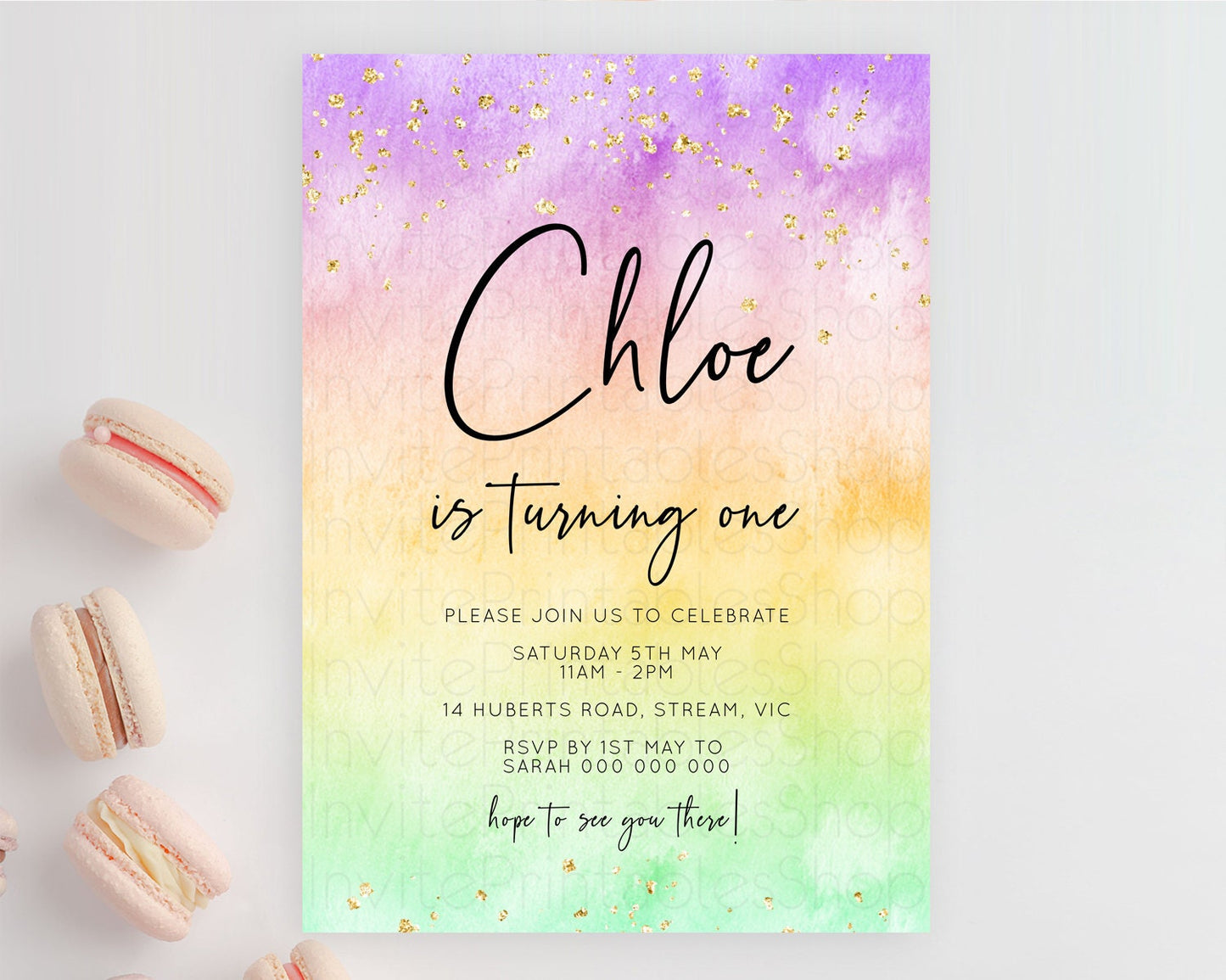 Rainbow Birthday Invitation Colorful Pastel Watercolor Invitation Gold Glitter Sprinkles Ombre Pastel 1st 2nd 3rd Birthday D10514