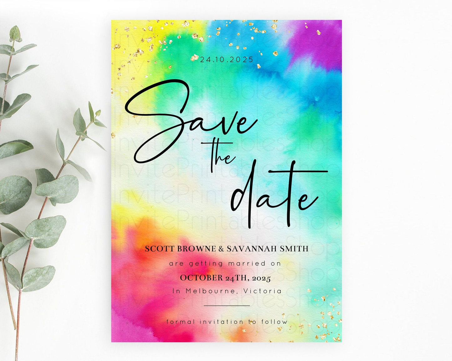 Tie Dye Save The Date Template Rainbow Pastel Ombre Watercolor Party For 1st Birthday Baptism Baby Shower Bridal Shower Wedding D10462
