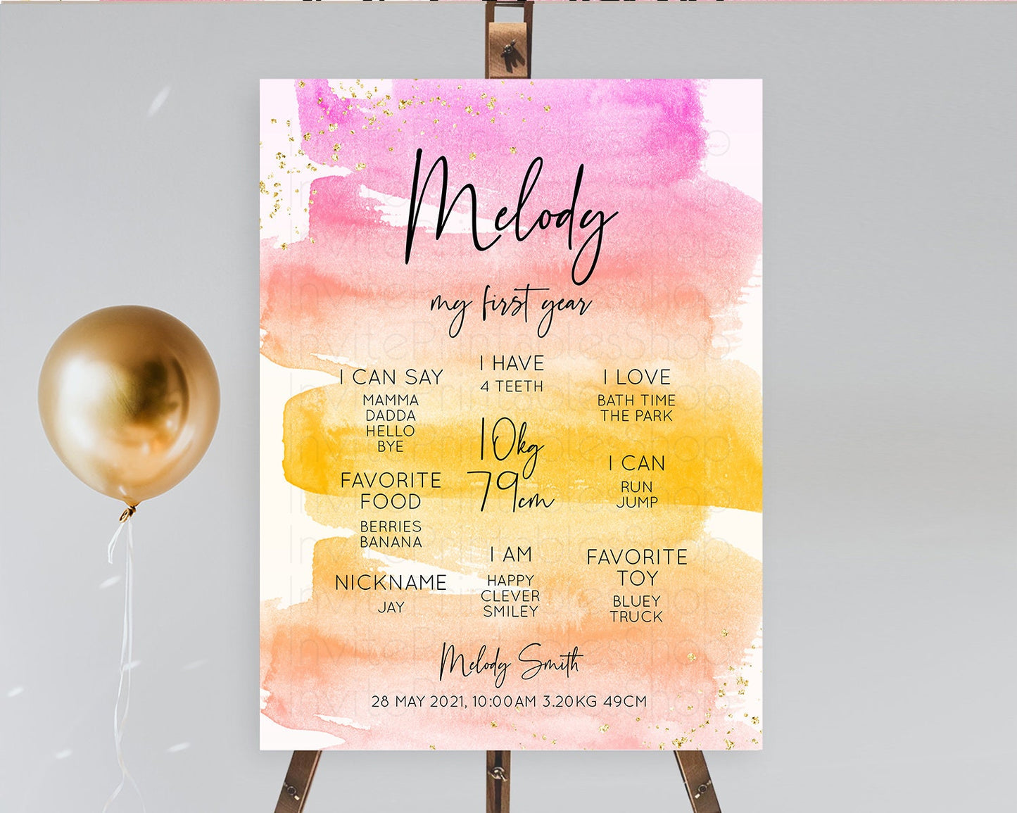 Pastel First Birthday Milestone Board Pastel Rainbow Milestone Poster Colorful Confetti Watercolor Glitter 1st Birthday Welcome Sign D10520