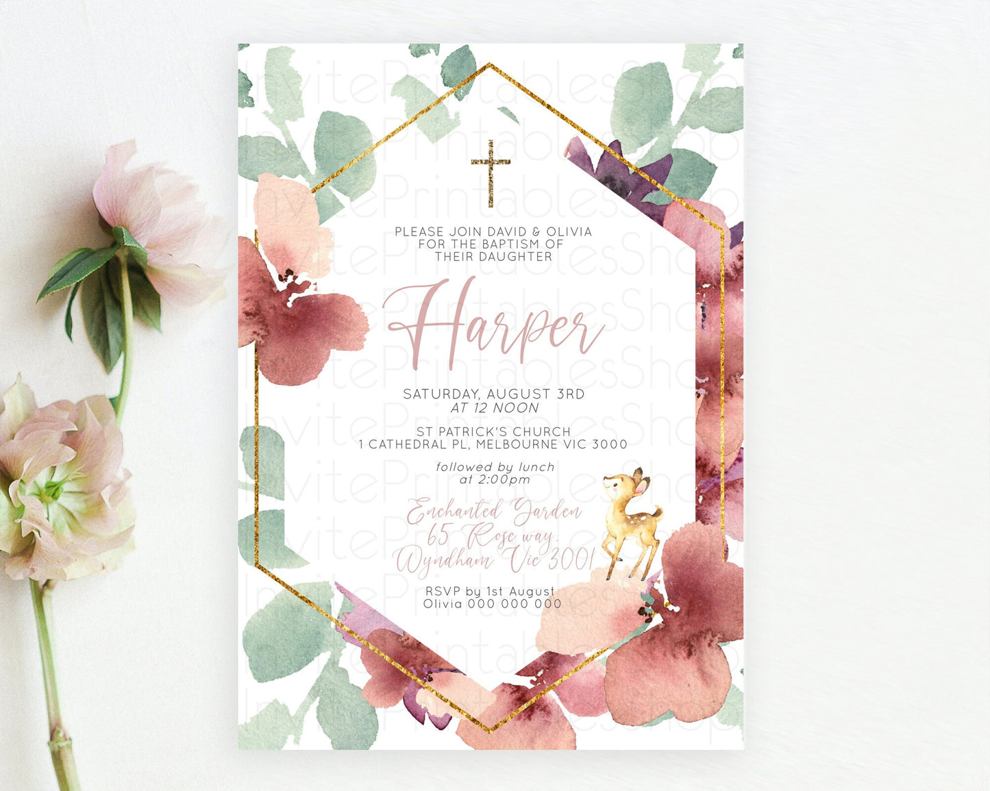 Fawn Baptism Invitation Deer Baptism 1st Birthday Invitation Enchanted Forest Christening Invitation Pastel Garden Butterfly Floral D10915