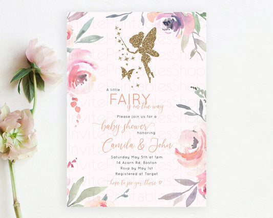 Fairy Baby Shower Invitation: Enchanted Fairy Garden, Secret Garden with Soft Purple Pink Flowers, Glitter Accents, Magical Butterfly D10197