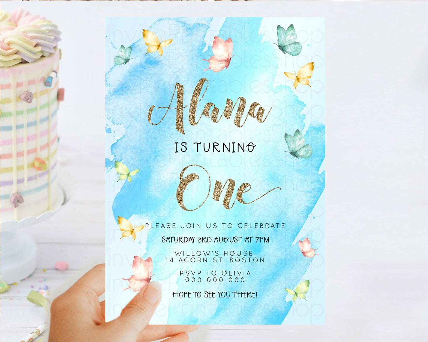 Blue Birthday Invitation Blue Watercolor Invitation Pastel Blue Watercolor Invitation Blue Splash Gold Invitation 1st First Birthday D23260