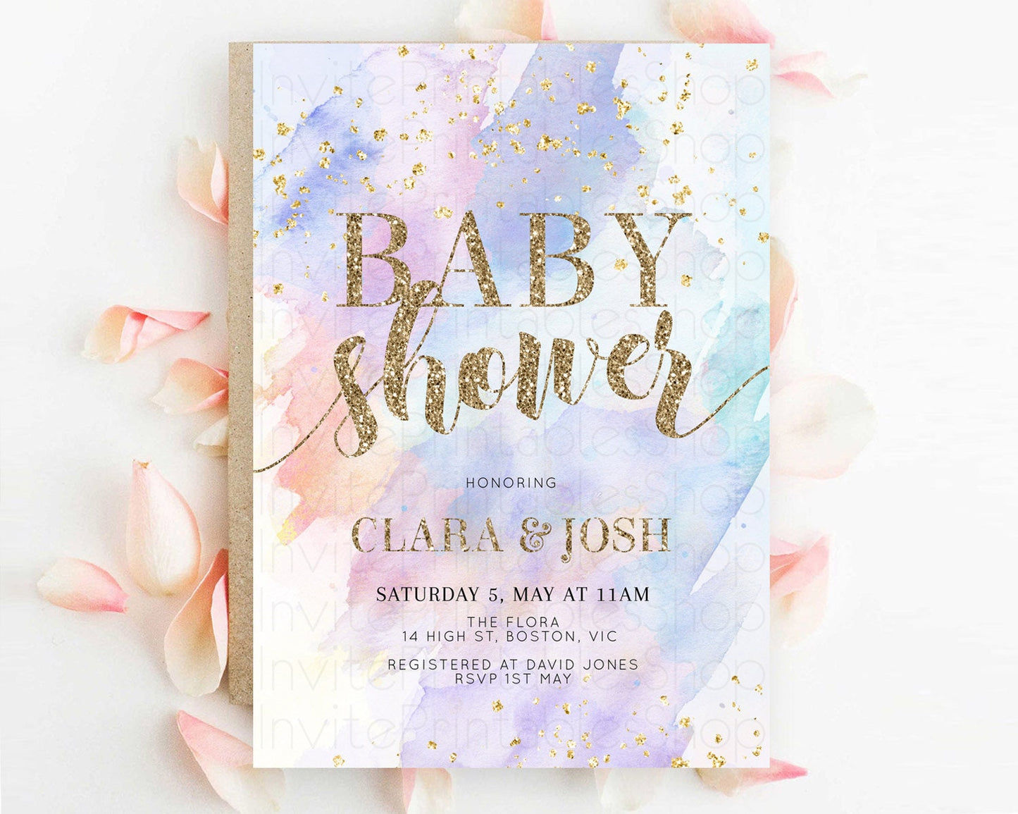 Pastel Baby Shower Invitation Rainbow Baby Shower Invitation Colorful Pastel Watercolor Invitation Gold Glitter Sprinkles Ombre D10583