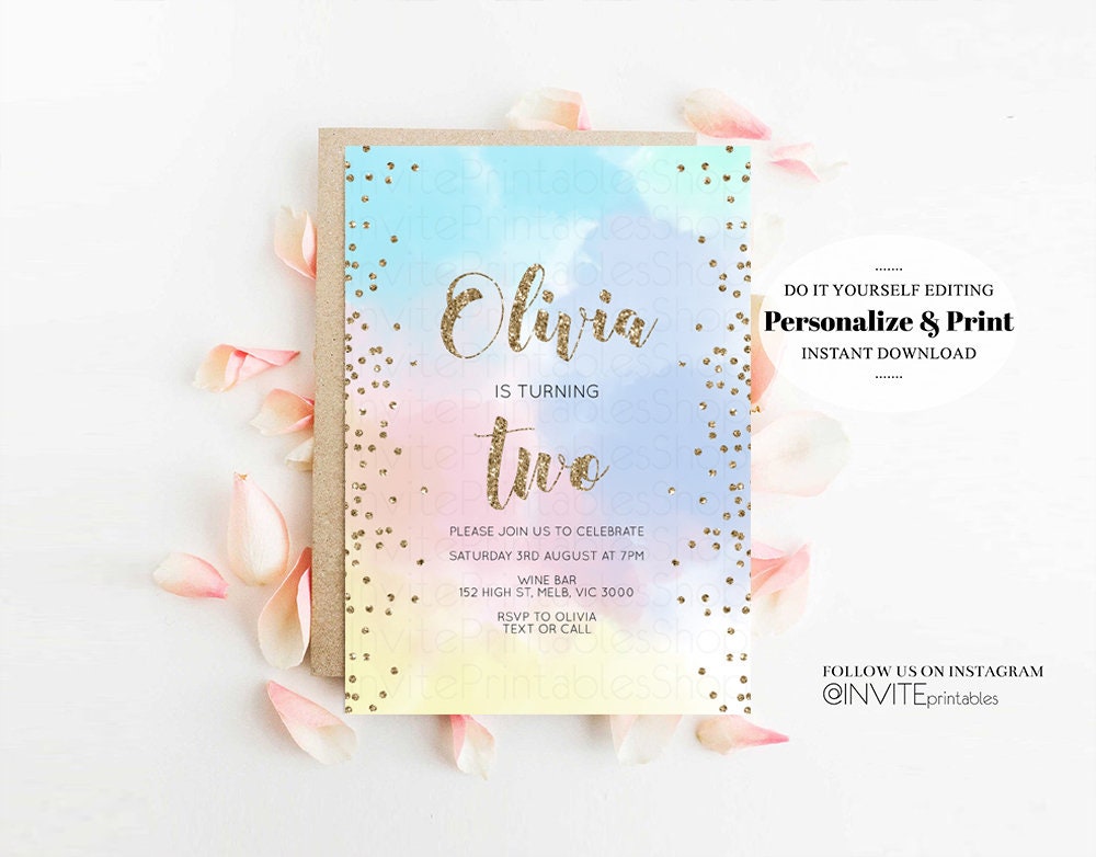 Rainbow Birthday Invitation Ombre Pastel Invitation Colorful Watercolor Splash Invite Gold Glitter Sprinkles 1st 2nd 3rd