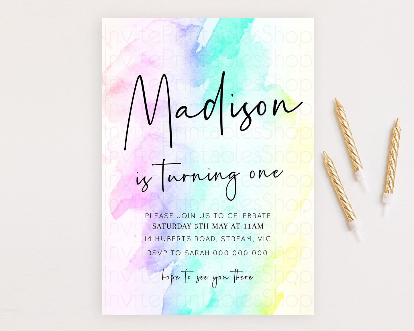 Rainbow Birthday Invitation Colorful Pastel Watercolor Invitation Gold Glitter Sprinkles Ombre Pastel 1st 2nd 3rd Birthday D10231