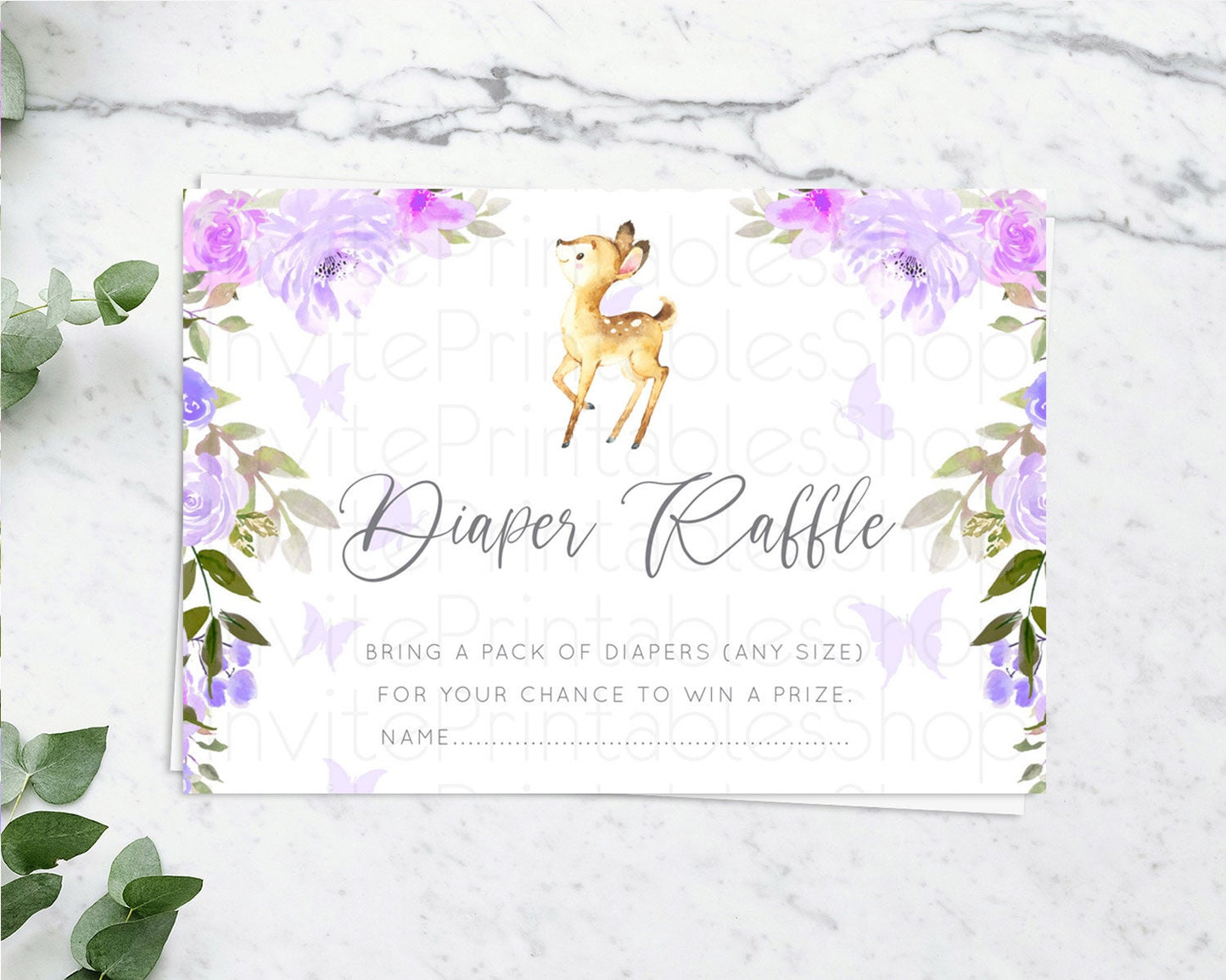 Fawn Diaper Raffle Card Deer Diaper Insert Floral Deer Diaper Ticket Enchanted Forest Butterfly Pastel Baby Shower Raffle Game D10916