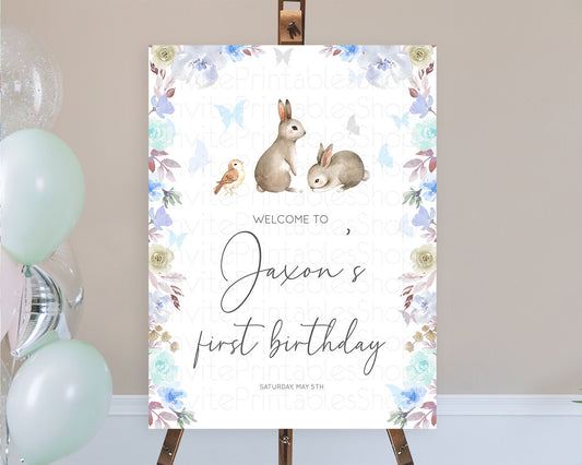 Bunny Welcome Sign Floral Bunny Welcome Board Pastel Flowers Woodland Bunny Welcome Poster Forest Bunny First Birthday Welcome Sign D10927