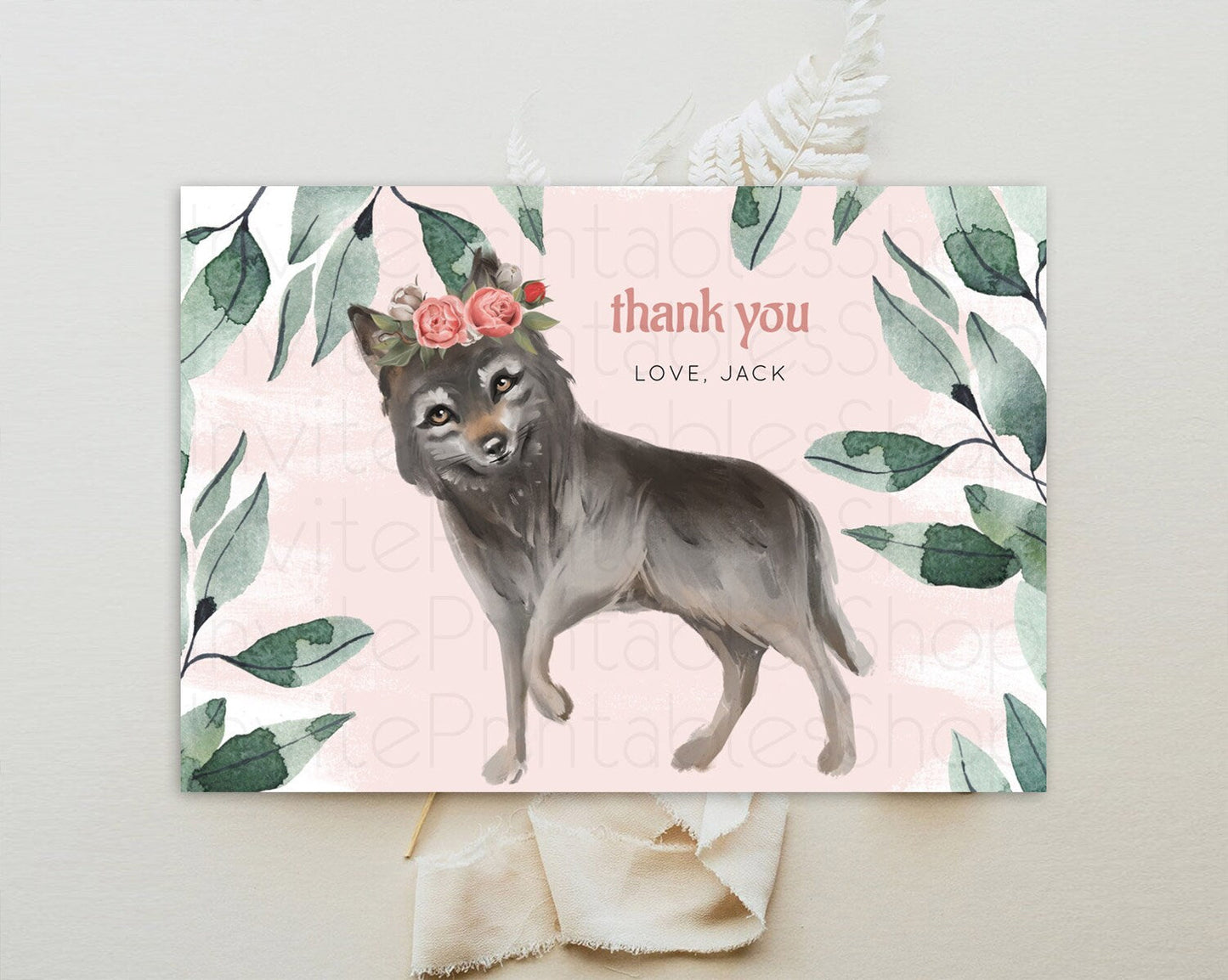 Wolf Thank You Wolf Thank You Card Pastel Floral Wolf Birthday Thank You Card Forest Wolf Party Decor Wolf Birthday Thank You Cards D10535