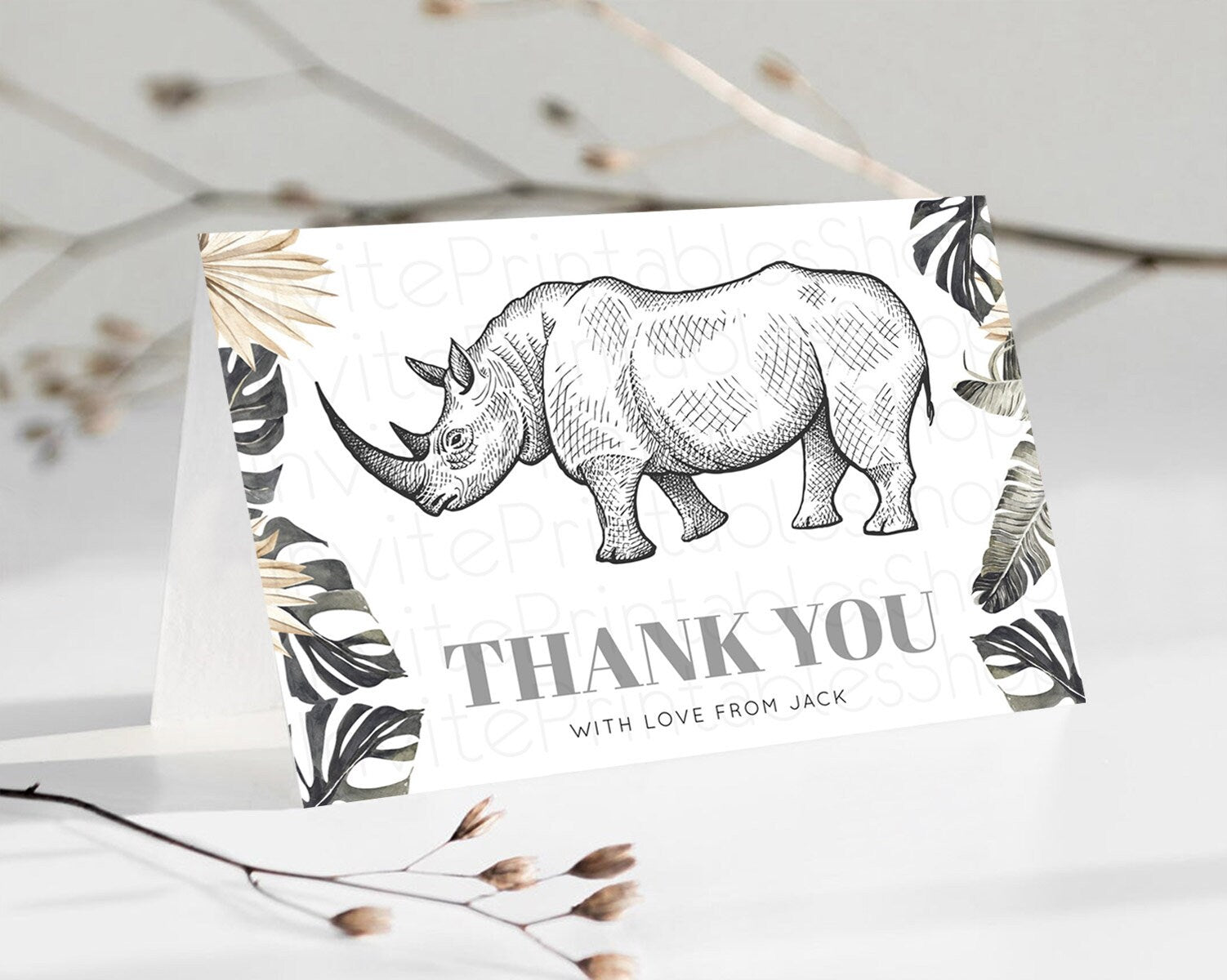 Editable Rhino Thank You Rhino Thank You Card Rhino Birthday Thank You Card