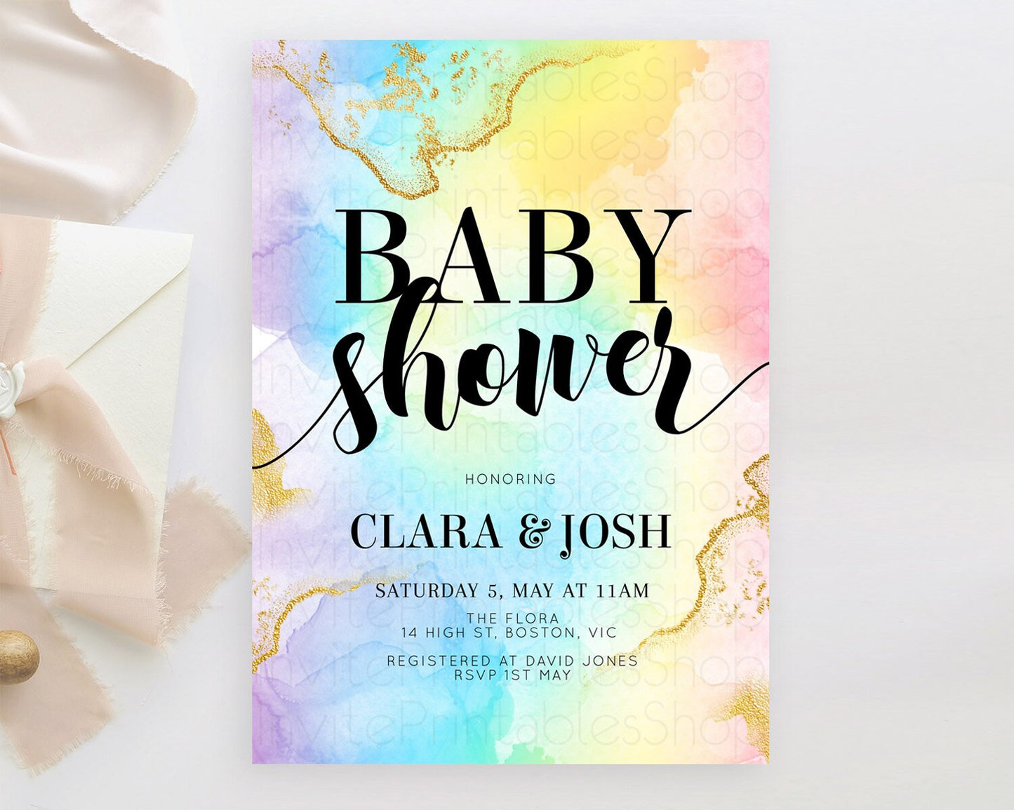 Pastel Baby Shower Invitation Rainbow Baby Shower Invitation Colorful Pastel Watercolor Invitation Gold Glitter Sprinkles Ombre D10589