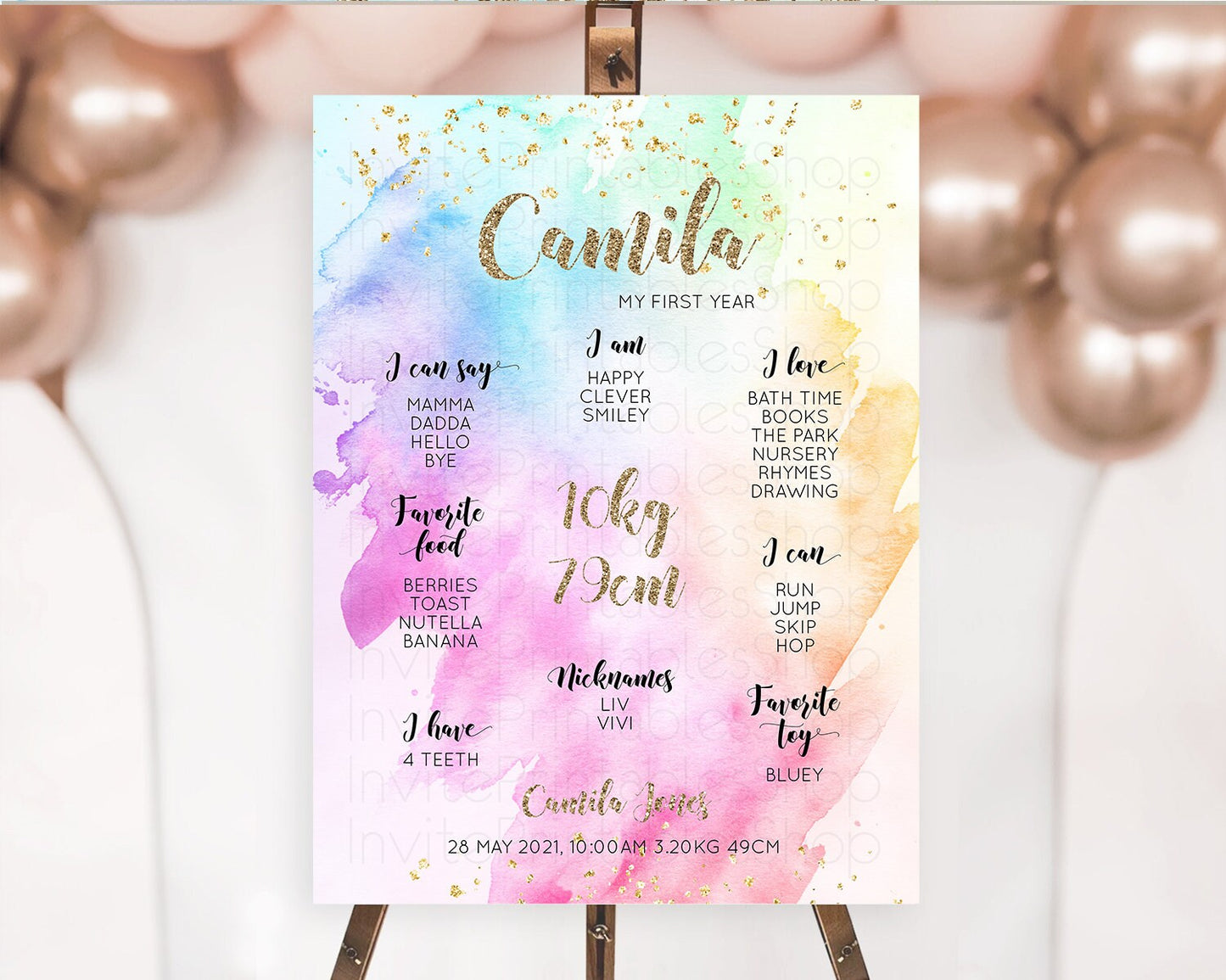 Pastel First Birthday Milestone Board Pastel Rainbow Milestone Poster Colorful Confetti Watercolor Glitter 1st Birthday Welcome Sign D10450