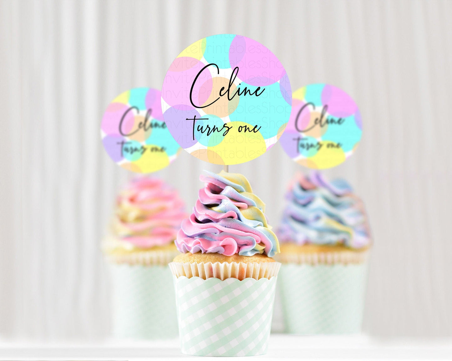 Pastel Cupcake Toppers Pastel Confetti Cupcake Topper Bubbles Sprinkles Colorful Rainbow Confetti Cupcake First Birthday Party Decor D10407