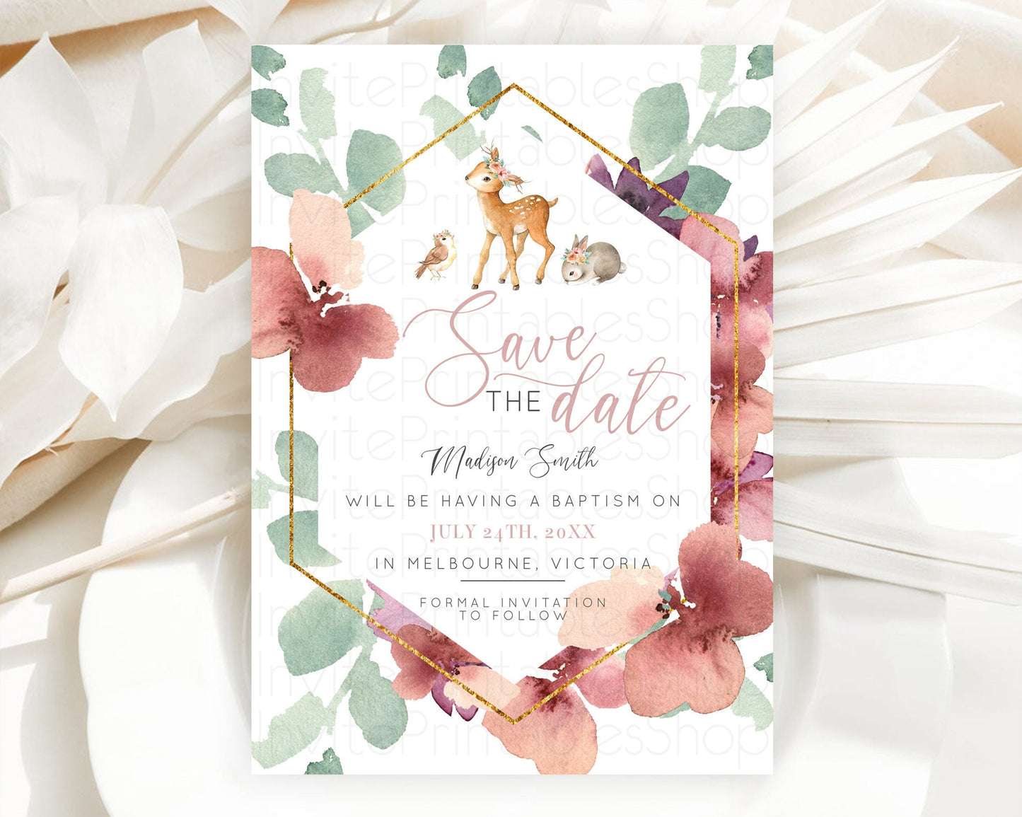 Fawn Deer Save The Date Template Pastel Floral Deer Enchanted Forest Butterfly Party 1st Birthday Baptism Baby Shower Bridal Shower D10913