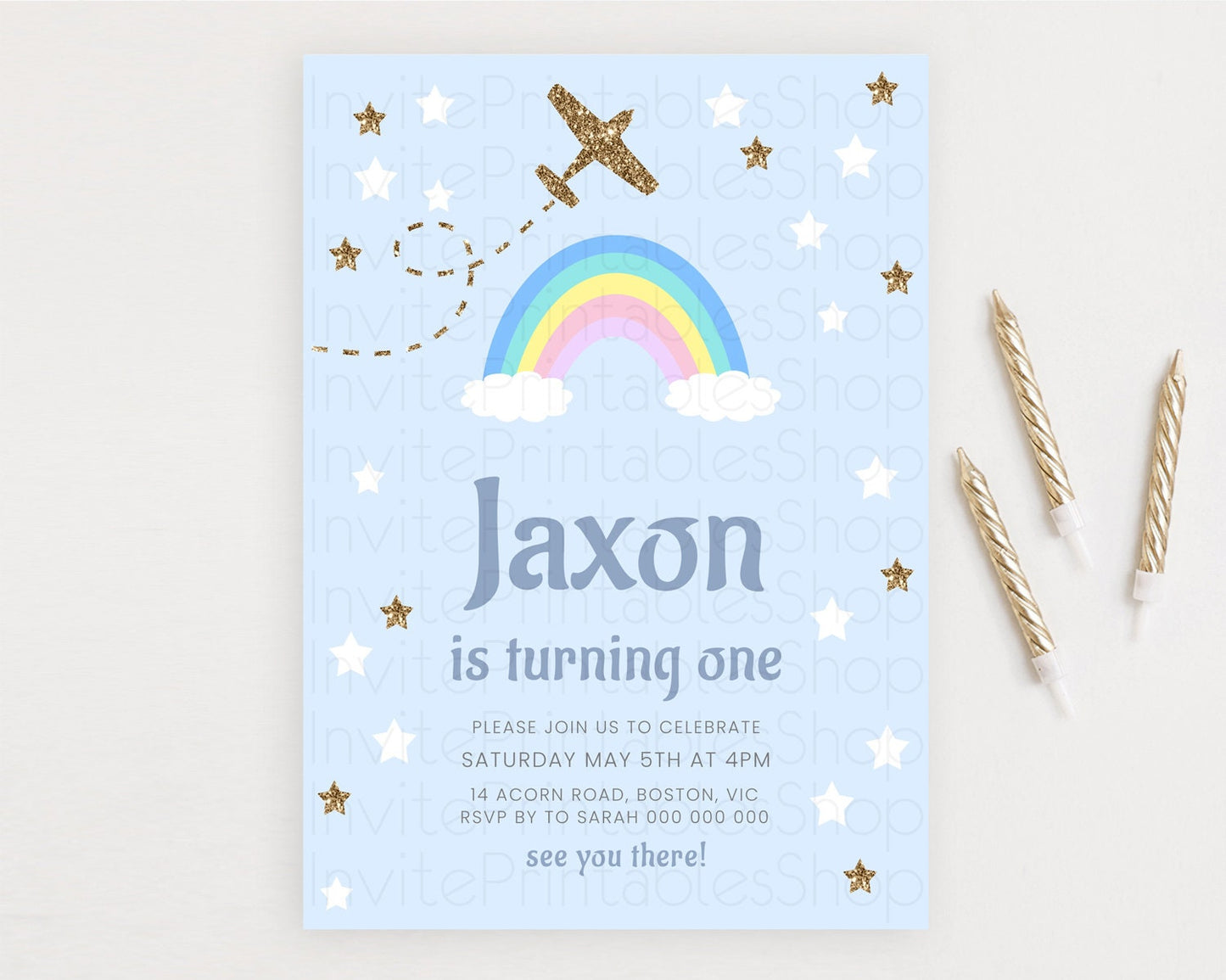 Plane Birthday Invitation Plane Invite Pastel Rainbow Clouds Stars Party Adventure Awaits Up Up Away Glitter 2nd 1st First Birthday D10220