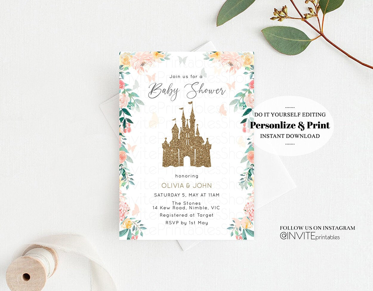Princess Baby Shower Castle Invitation Glitter Castle Invitation Glitter Pastel Florals Secret Garden Enchanted Magical Butterflies Flutters