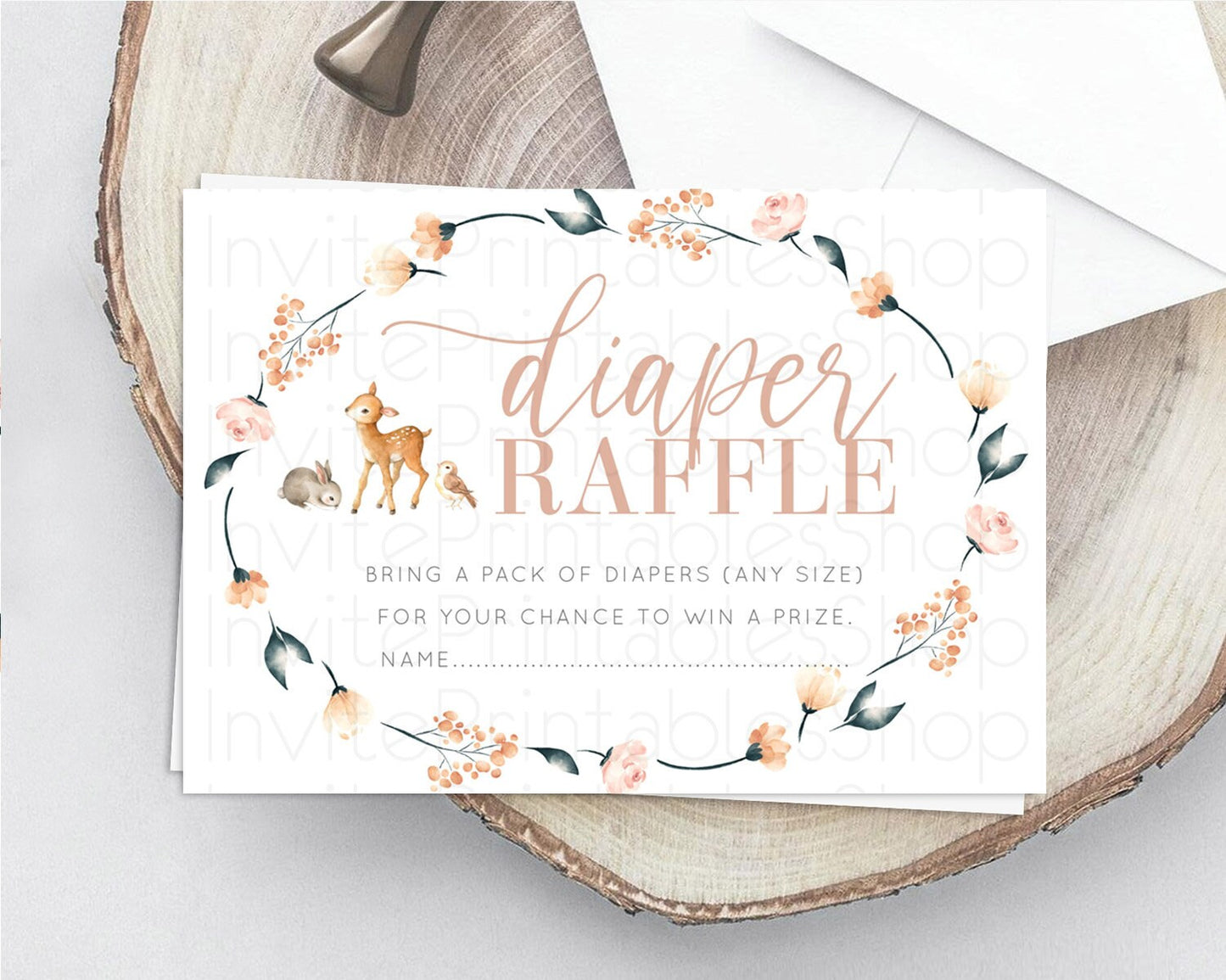 Fawn Diaper Raffle Card Deer Diaper Insert Floral Deer Diaper Ticket Enchanted Forest Butterfly Pastel Baby Shower Raffle Game D10241