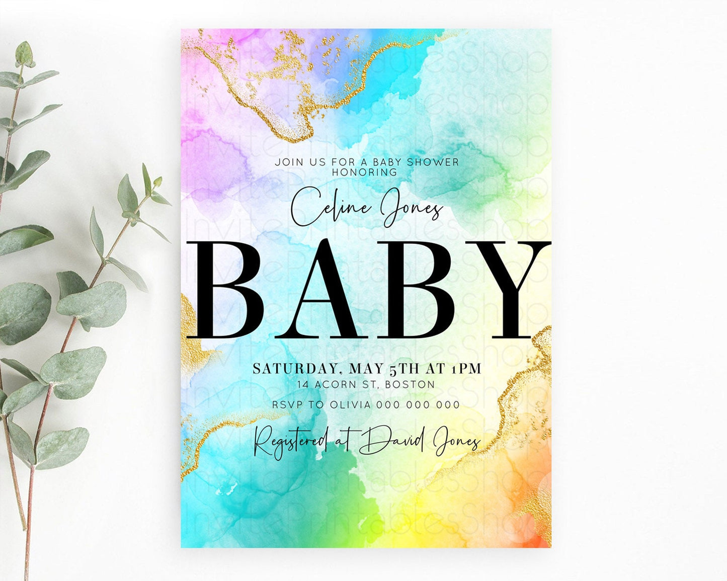 Pastel Baby Shower Invitation Rainbow Baby Shower Invitation Colorful Pastel Watercolor Invitation Gold Glitter Sprinkles Ombre D10393