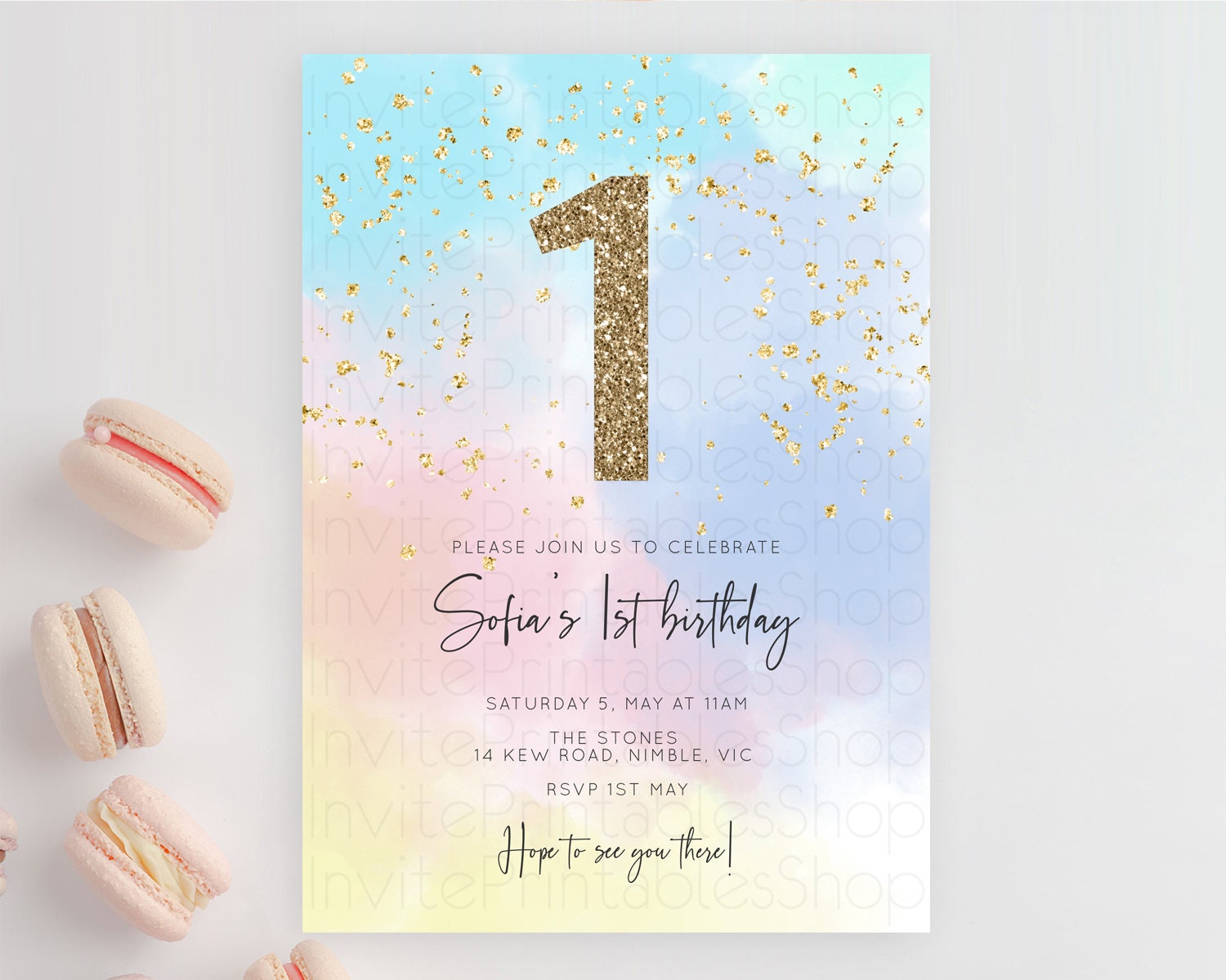 Editable Rainbow Birthday Invitation Colorful Pastel Watercolor Invitation G