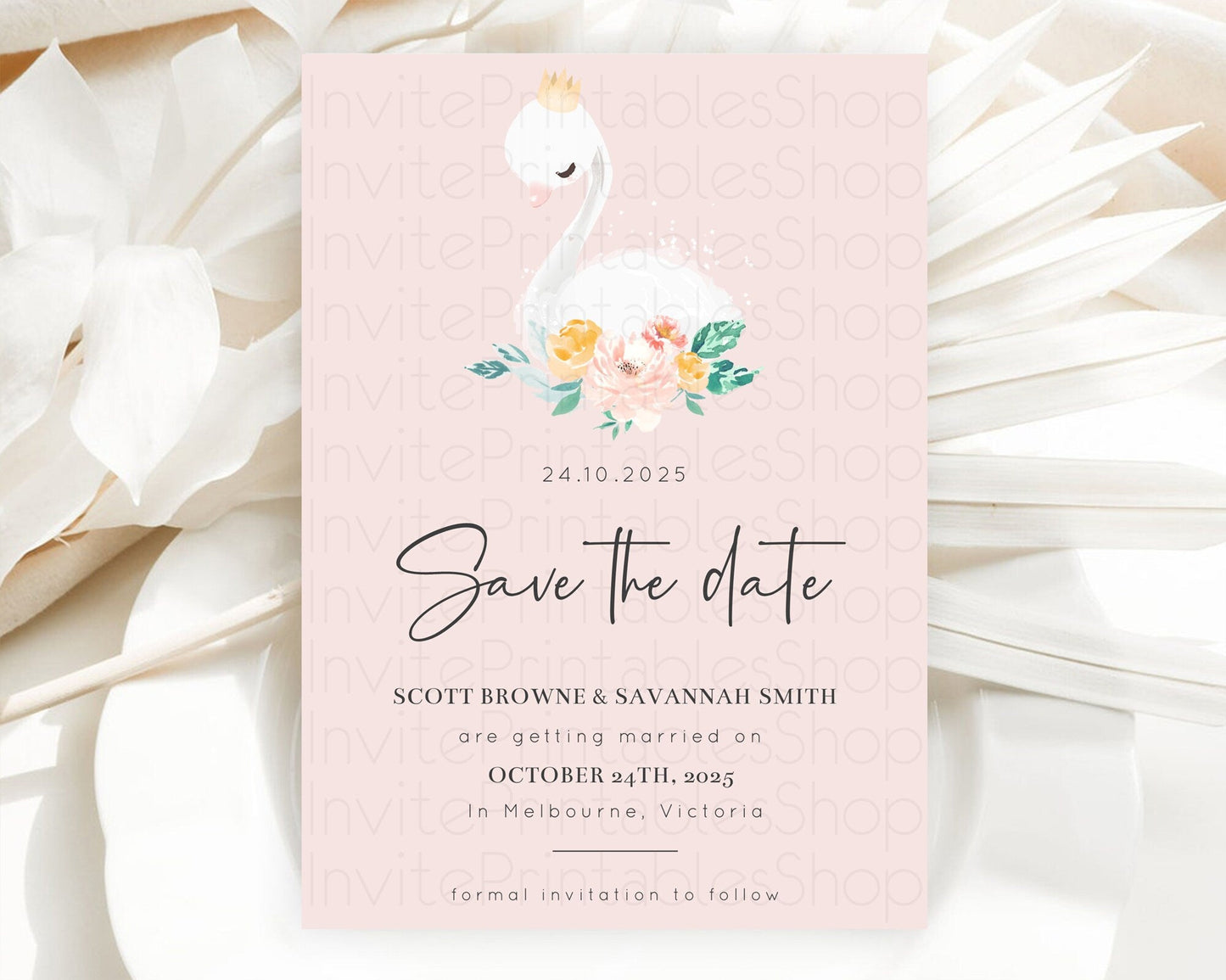 Swan Save The Date Template Swan Princess Ballet Party Enchanted Swan Lake Secret Garden Pastel Floral Birthday Baptism Baby Shower D10388