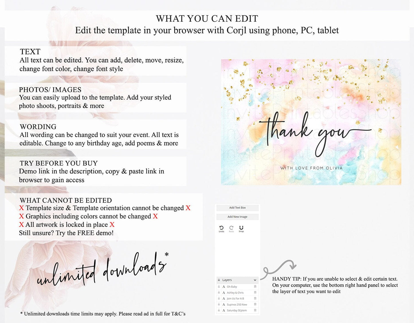 Pastel Thank You Rainbow Thank You Card Colorful Pastel Birthday Thank You Card Confetti Watercolor Pastel Teacher Thank You Cards D10548