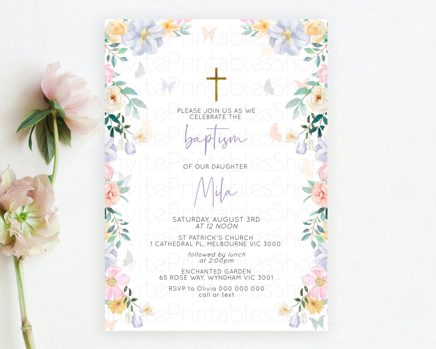 Secret Garden Baptism Invitation Wildflower Baptism Birthday Invite Pastel Flowers Christening Invite Enchanted Garden Boho Floral  D10472