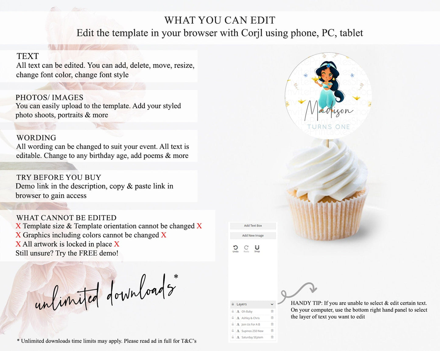 Princess Cupcake Toppers Castle Cupcake Toppers Royal Princess Decor Fairy Tale Enchanted Castle Pastel Floral Garden Table Number D10887