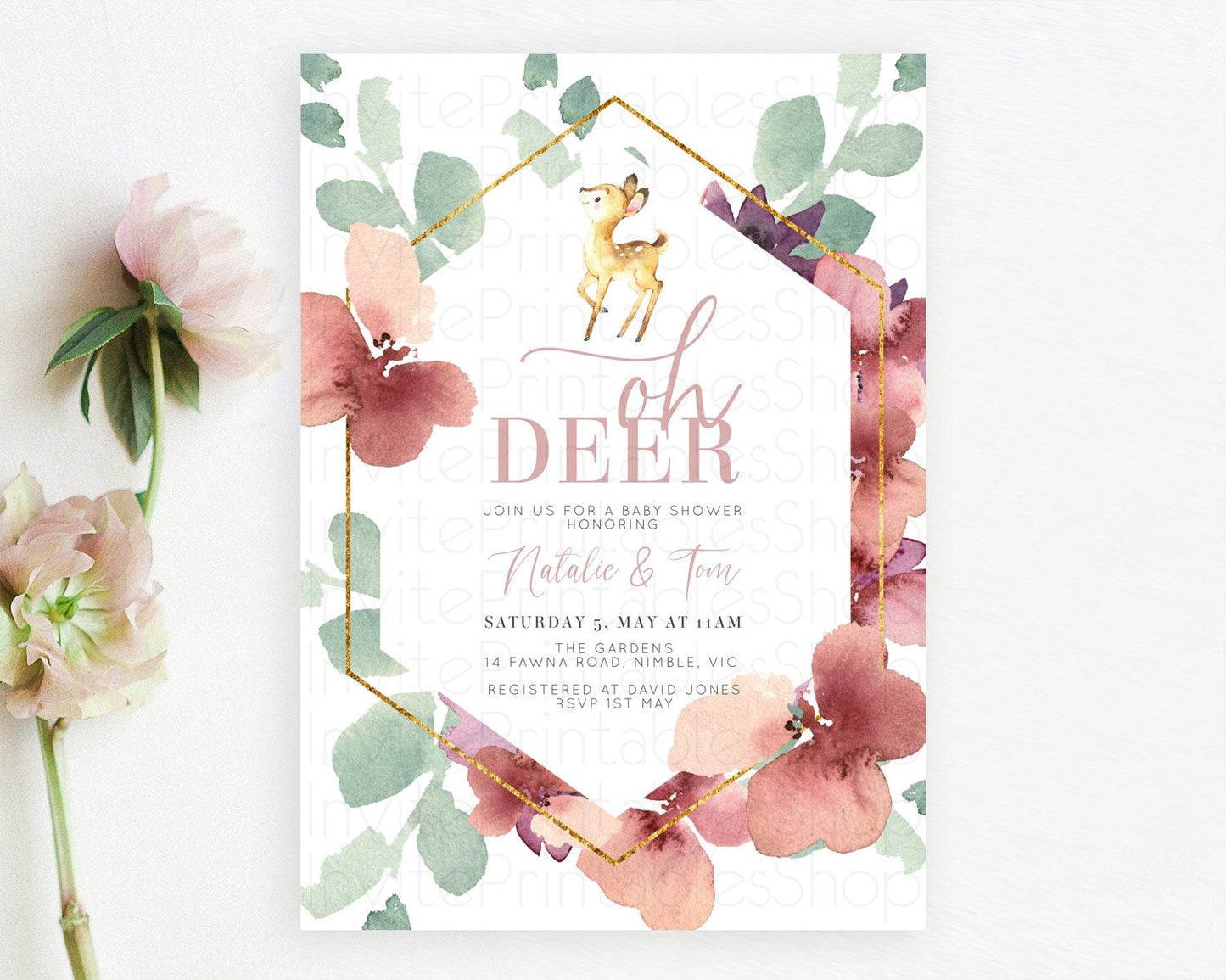 Fawn Baby Shower Invitation Deer Baby Shower Invites Enchanted Forest Theme Butterfly Pastel Flowers Whimsical Baby Shower D10915