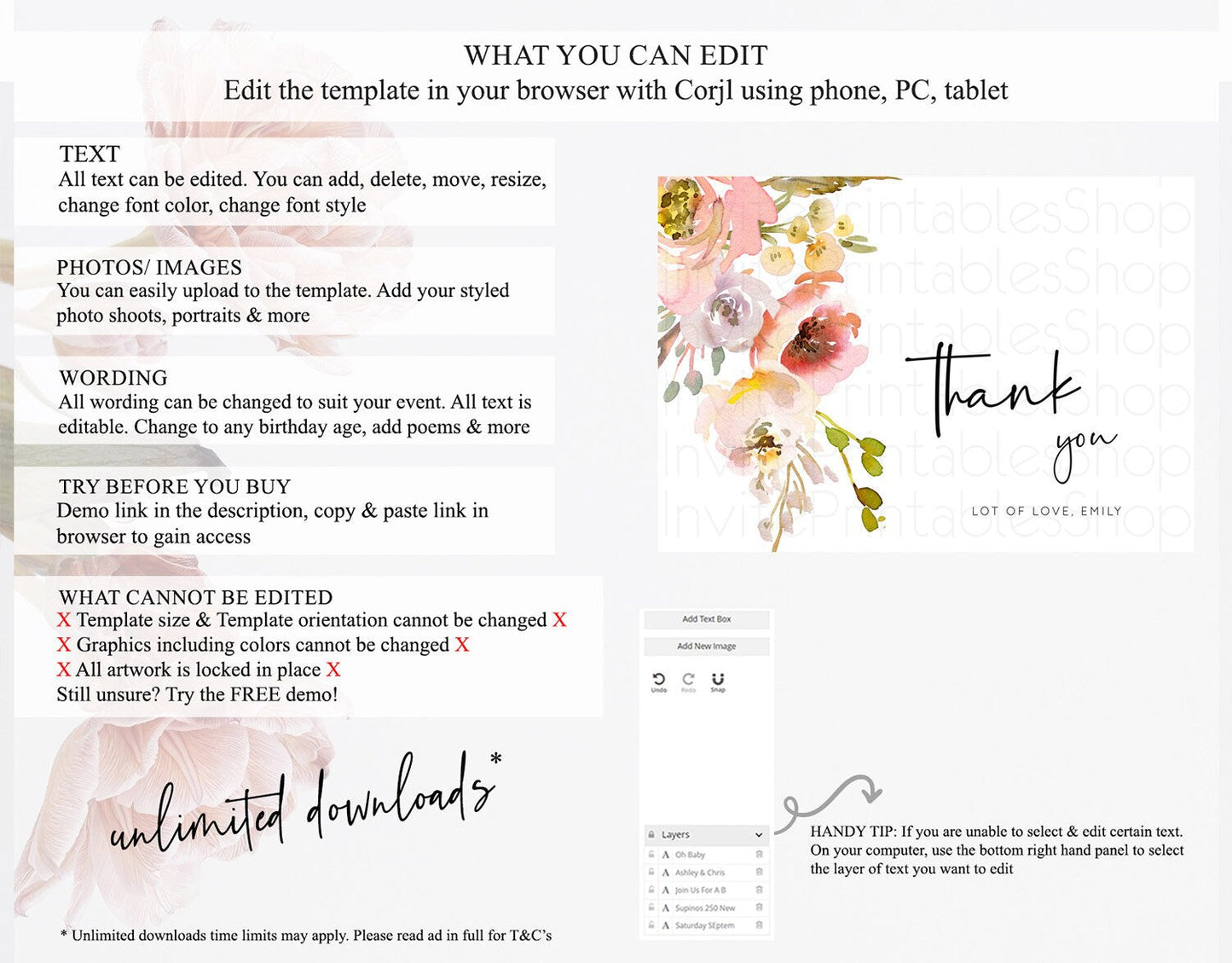 Secret Garden Thank You Wildflower Thank You Card Pastel Flower Garden Birthday Thank You Card Boho Floral Teacher Thank You Card D10194