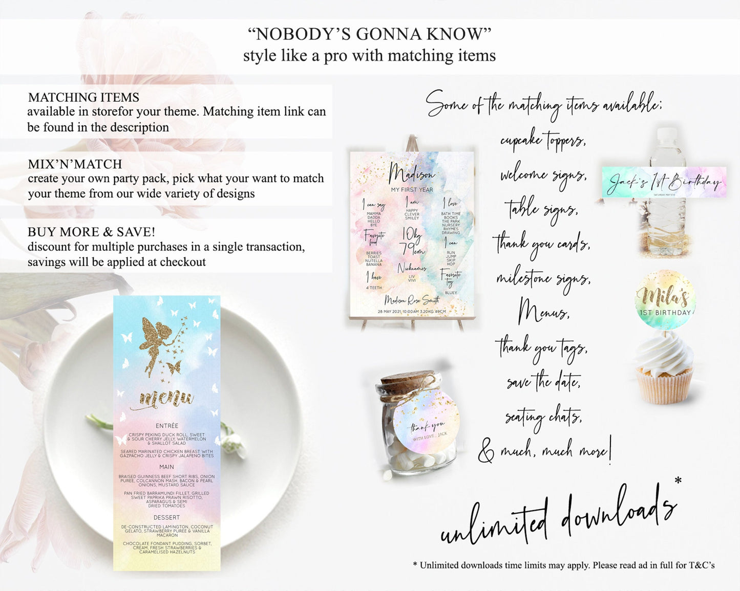 Fairy Menu Fairy Menu Template Enchanted Garden Pastel Floral Butterfly Table Décor Fairy Secret Garden Dinner Dessert Food Menu D10894