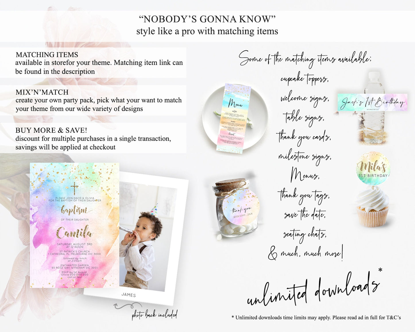 Pastel Baptism Invitation Pastel Colors Watercolor Baptism 1st Birthday Party Gold Ombre Pastel Rainbow Christening Holy Communion D10450