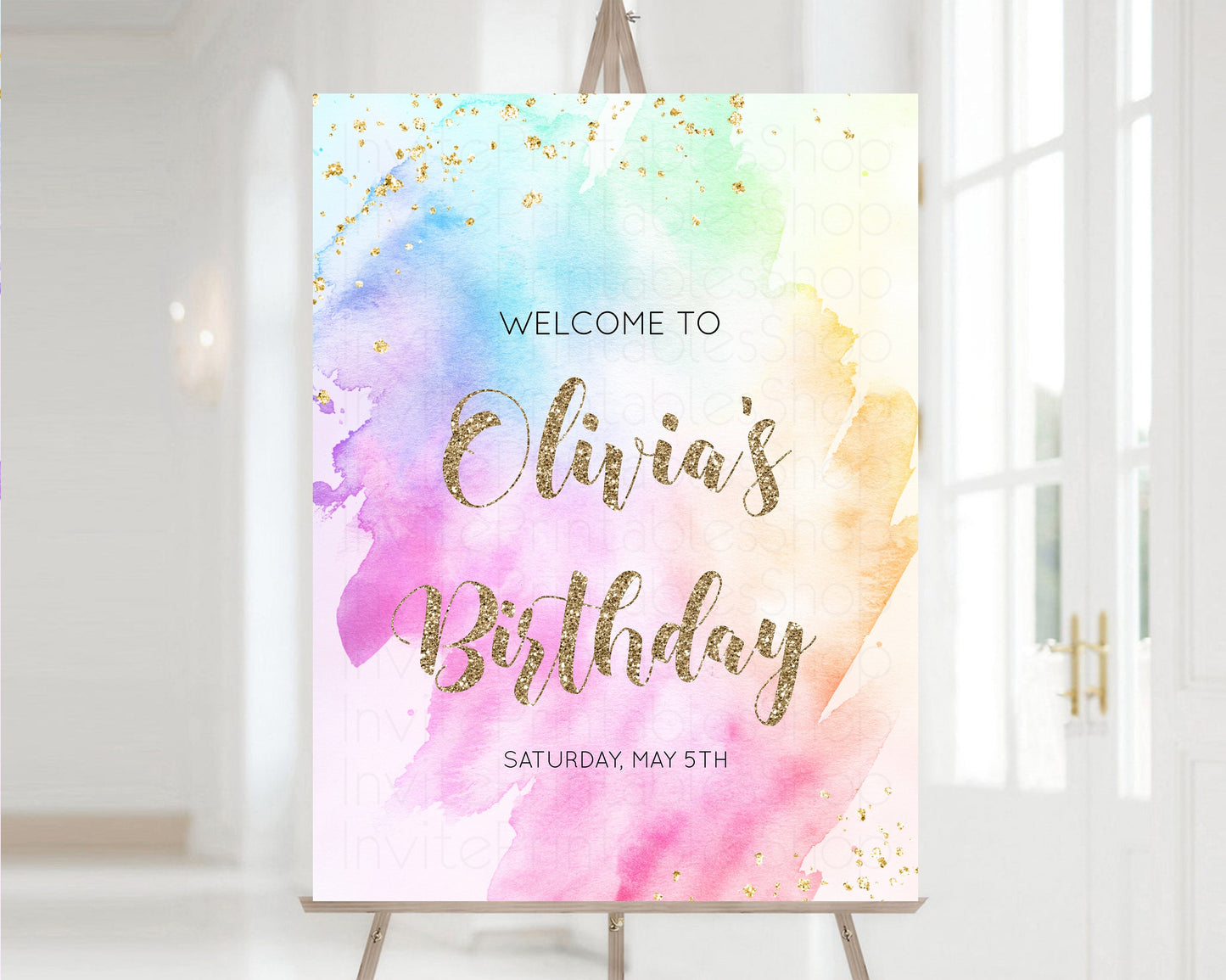 Editable Rainbow Welcome Sign Pastel 1st Birthday Sign Ombre Watercolor Birt