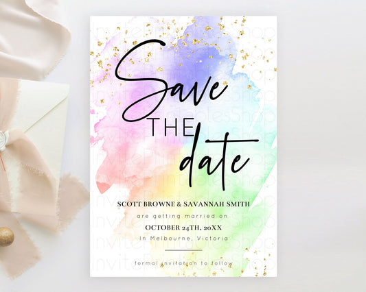 Editable Pastel Save The Date Template Pastel Ombre Rainbow Watercolor Color