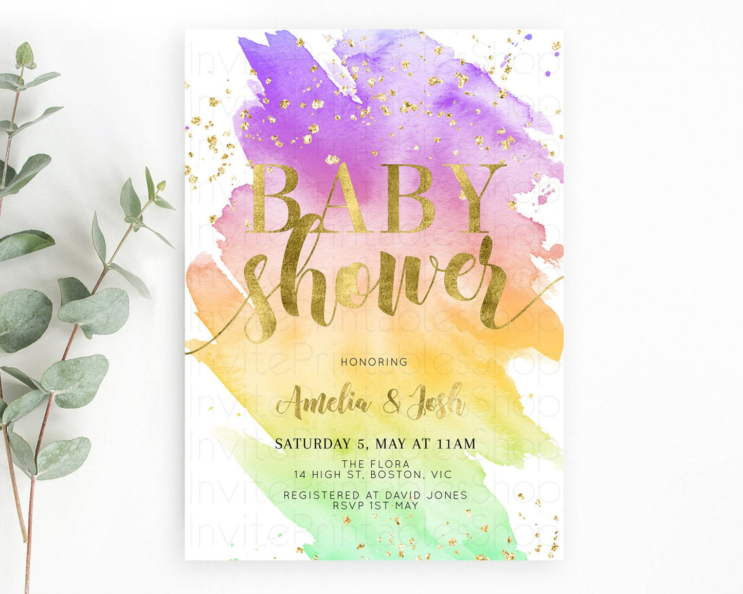 Pastel Baby Shower Invitation Rainbow Baby Shower Invitation Colorful Pastel Watercolor Invitation Gold Glitter Sprinkles Ombre D10517