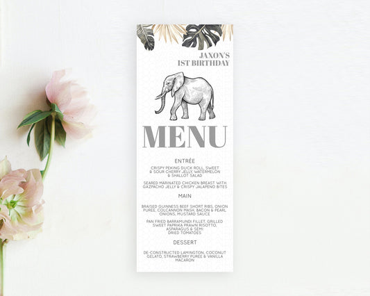 Editable Elephant Menu Elephant Menu Template Elephant Safari Zoo Table Deco